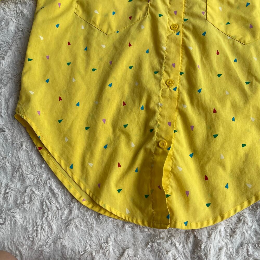 Vintage 80s 90s heart print yellow button-down shirt blouse oversized hearts S - Picture 7 of 17